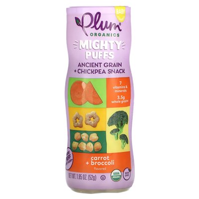 Plume Organics, Mighty Puffs, Ancient Grain + Chiptpea Snack, marchewka + brokuły, 1,85 uncji (52 g)