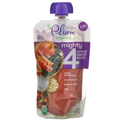 Plum Organics, Mighty 4, 4 Food Group Blend, Tots, Apple, Blackberry, Purple Marchew, grecki jogurt, owsiany, 4 uncje (113 g)