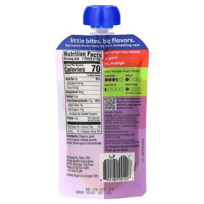 Plum Organics, Organic Baby Food, 6+ miesięcy, gruszka i mango, 4 uncje (113 g)