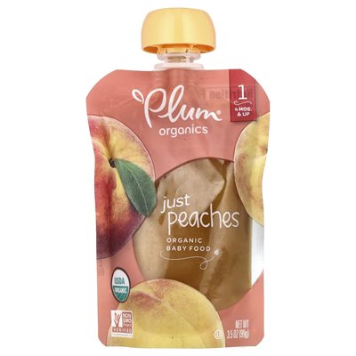 Plum Organics, Organic Baby Food, 4 Mons &amp Up, Just Peaches, 3,5 uncji (99 g)