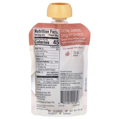 Plum Organics, Organic Baby Food, 4 Mons &amp Up, Just Peaches, 3,5 uncji (99 g)