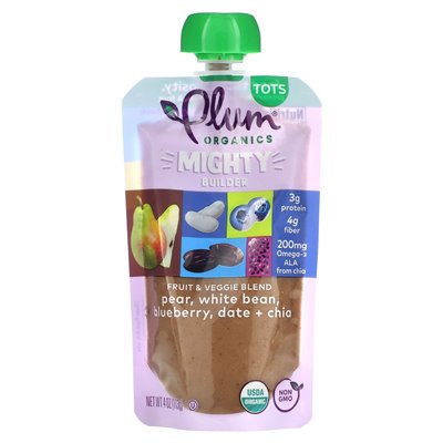Plum Organics, Mighty Builder Fruit &amp Veggie Blend, Tots, Pear, White Bean, Blueberry, Date &amp Chia, 4 uncje (113 g)