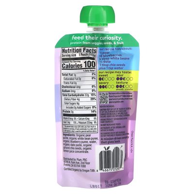 Plum Organics, Mighty Builder Fruit &amp Veggie Blend, Tots, Pear, White Bean, Blueberry, Date &amp Chia, 4 uncje (113 g)