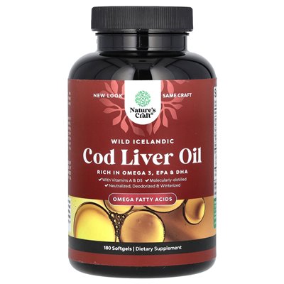 Nature's Craft, dziki islandzki olej wątrobowy z witaminami A&ampD3, 180 Softgels