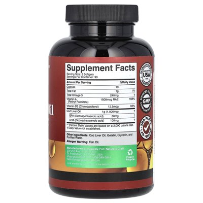 Nature's Craft, dziki islandzki olej wątrobowy z witaminami A&ampD3, 180 Softgels