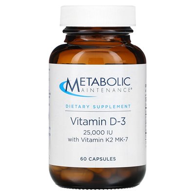 Metabolic Maintenance, Vitamin D-3 with Vitamin K2 MK-7, 25,000 IU, 60 Capsules