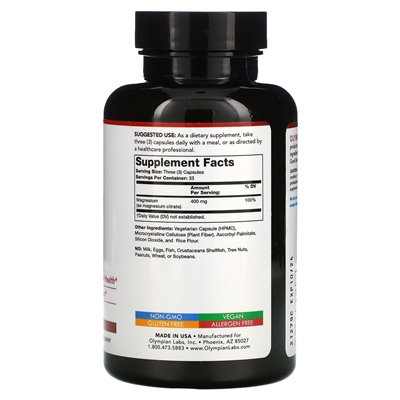 Olympic Laboratories Magnesium Citrate 400mg 100 Vegetarian Capsules (133mg per capsule)