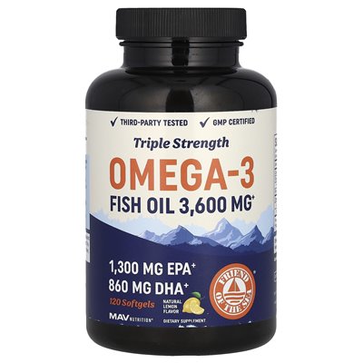 MAV Nutrition, Omega-3-Fischöl, dreifache Stärke, natürliche Zitrone, 120 Soft