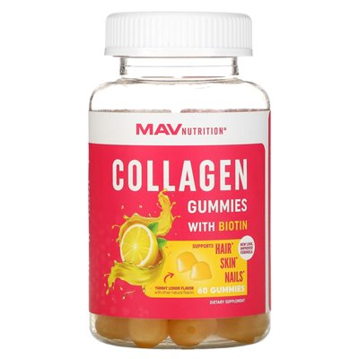 Mav Nutrition, kolagenowe gumie z biotyną, pyszna cytryna, 60 gumzy Mav Nutrition, kolagenowe gumie z biotyną, pyszna cytryna, 60 gumzy