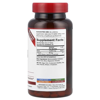 Olympian Labs, Biotyna, maksymalna siła, 10 000 mcg, 60 tabletek