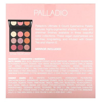Palladio, Ultimate 9 Count Ckseshadow Palette, Rosey Nudes, 0,33 uncji (9,6 g)