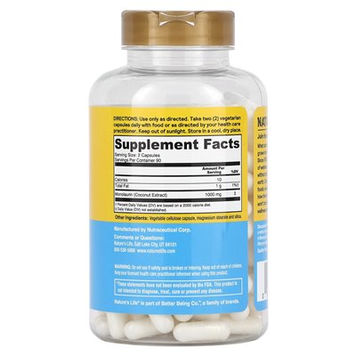 Nature's Life, Monolaurin Nutrition, 1000mg, 180 Capsules (500mg per capsule)