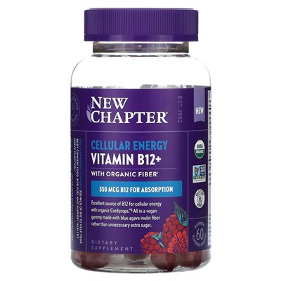 New Chapter, Cellular Energy Vitamin B12+, Raspberry, 350 mcg, 60 Flavored Gummies