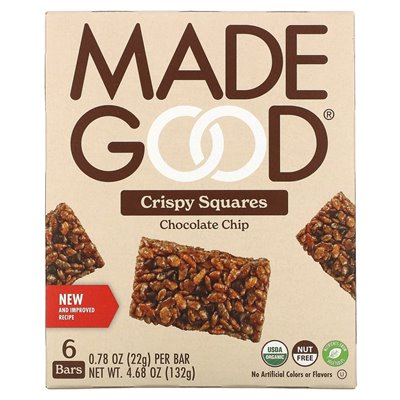 MadeGood, crispy squares, chocolate chip, 6 bars, 0.78 oz (22 g)