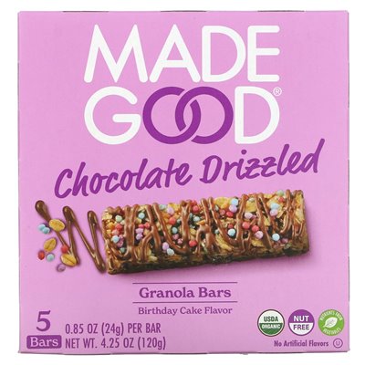 MadeGood, batoniki granola, czekolada mżawka, tort urodzinowy, 5 barów, 0,85 uncji (24 g) każdy
