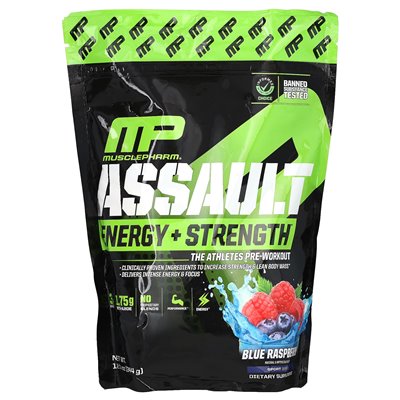 MusclePharm, Assault Energy + Siła, przedtrening, niebieska malina, 12,1 uncji (344 g)