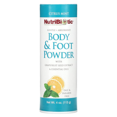 Nutribiotic, Body & Foot Powder z ekstraktem z nasion grejpfruta i olejkami eterycznymi, mięta cytrusowa, 4 uncje (113 g) Nutribiotic, Body & Foot Powder z ekstraktem z nasion grejpfruta i olejkami eterycznymi, mięta cytrusowa, 4 uncje (113 g)