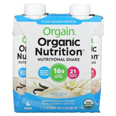 Orgain, Ekologiczna Odżywianie, Odżywczy Shake, Waniliowa Fasola, 4 Pak, 11 uncji (330 ml) Każdy