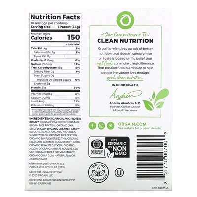 Orgain, Organic Protein Powder, Plant-Based, Creamy Chocolate Fudge, 1.62 oz (46 g) Orgain, Organic Protein Powder, Plant-Based, Creamy Chocolate Fudge, 1.62 oz (46 g)