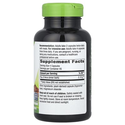 Nature's Way, Pau d'Arco Wewnętrzna kora, 2180 mg, 180 wegańskich kapsułek (545 mg na kapsułkę)