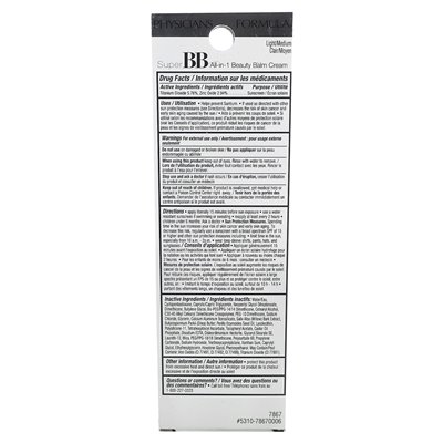 Doctors Formula, Super BB, All-In-In-1 Beauty Balm Cream, SPF 30, 7867 Light/Medium, 1.2 Fl Oz (35 ml) Doctors Formula, Super BB, All-In-In-1 Beauty Balm Cream, SPF 30, 7867 Light/Medium, 1.2 Fl Oz (35 ml)