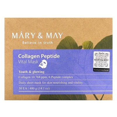 Mary &amp May, kolagen peptyd, Vital Beauty Mask, 30 arkuszy, 14,1 uncji (400 g)