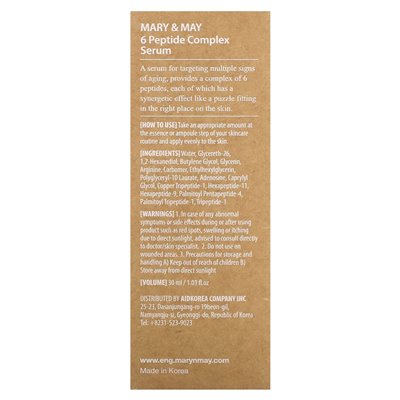 Mary & May, 6 Serum z kompleksu peptydowego, bez zapachu, 1,01 Fl Oz (30 ml) Mary & May, 6 Serum z kompleksu peptydowego, bez zapachu, 1,01 Fl Oz (30 ml)