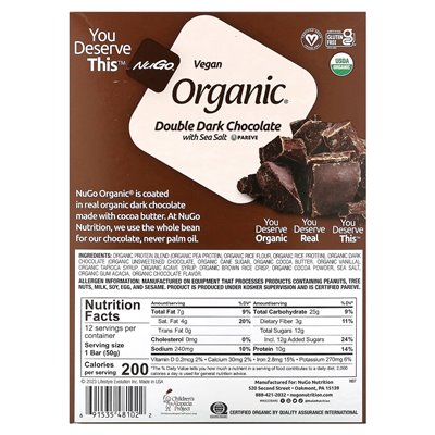 NUTERINGI NUGO, organic protein, double dark chocolate with sea salt, 12 bars, 1.76 oz (50 g) each