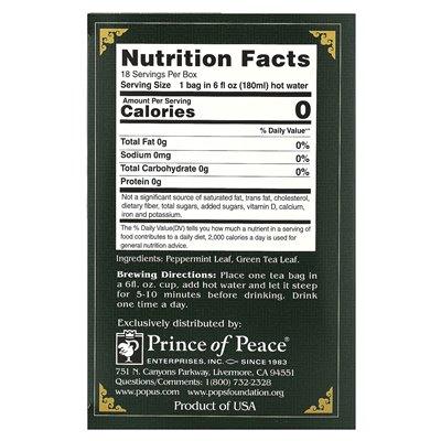 Prince of Peace, Grüner Pfefferminztee, 18 Teebeutel, 1,14 Unzen (32,4 g)