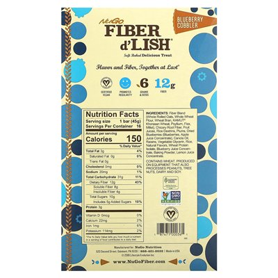 NUGO Nutrition, Fibre D'Lish, Blueberry Cobbler, 16 barów 1,6 uncji (45 g)