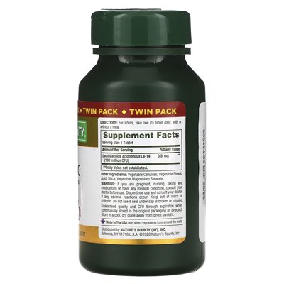 Nature's Bounty, Probiotyk Acidophilus, Bliźniaczy Pakiet, 100 Tabletek Każda Nature's Bounty, Probiotyk Acidophilus, Bliźniaczy Pakiet, 100 Tabletek Każda
