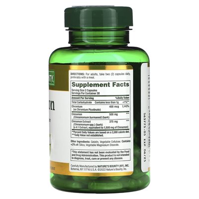 Nature's Bounty, Cinnamon Plus Chromum, 2000 mg, 60 kapsułek (1000 mg na kapsułkę) Nature's Bounty, Cinnamon Plus Chromum, 2000 mg, 60 kapsułek (1000 mg na kapsułkę)