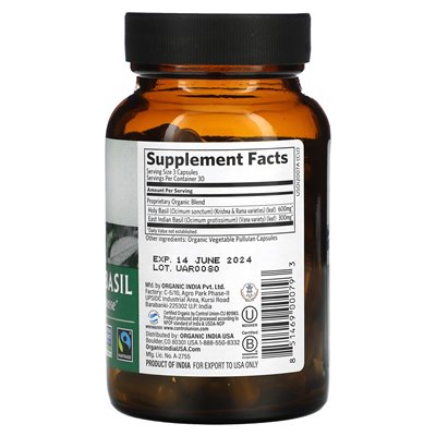 Organic India, Tulsi-Heiliges Basilikum, 90 vegetarische Kapseln