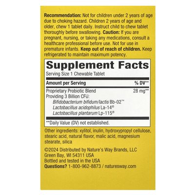 Nature's Way, Primadophilus® Kids Probiotic Chewable, wiek 2+, wiśnia, 3 miliardy CFU, 30 tabletek do żucia