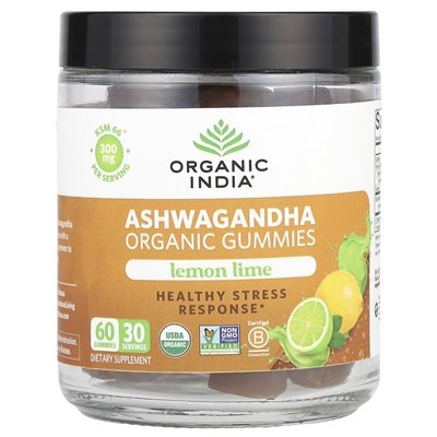 Ekologiczne Indie, Organiczne Ashwagandha Gummy, Lemon Lime, 300 mg, 60 gummy (150 mg na gumę)