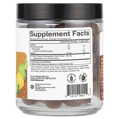 Ekologiczne Indie, Organiczne Ashwagandha Gummy, Lemon Lime, 300 mg, 60 gummy (150 mg na gumę)