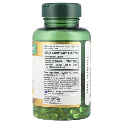 Nature's Bounty, witamina D3, 25 mcg (1000 IU), 250 Softgels z szybkim uwalnianiem
