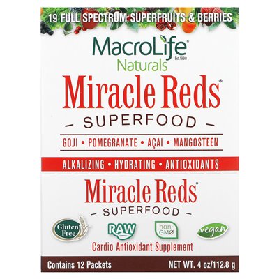 Macrolife Naturals, Miracle Reds, Superfood, Goji, Granate, Acai, Mangosten, 12 pakietów, 0,3 uncji (9,5 g) Macrolife Naturals, Miracle Reds, Superfood, Goji, Granate, Acai, Mangosten, 12 pakietów, 0,3 uncji (9,5 g)