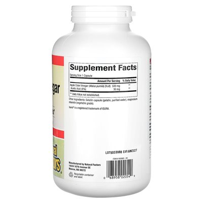 Czynniki naturalne, sfermentowany ocet jabłkowy, 500 mg, 360 łatwych do ponownych kapsułek