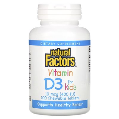 Czynniki naturalne, witamina D3 dla dzieci, truskawki, 10 mcg (400 IU), 100 tabletek do żucia Czynniki naturalne, witamina D3 dla dzieci, truskawki, 10 mcg (400 IU), 100 tabletek do żucia