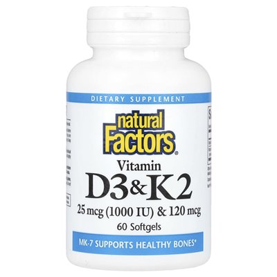 Czynniki naturalne, witamina D3 i K2, 25 mcg (1000 IU) i 120 mcg, 60 miękkich