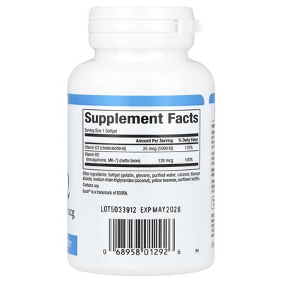 Czynniki naturalne, witamina D3 i K2, 25 mcg (1000 IU) i 120 mcg, 60 miękkich