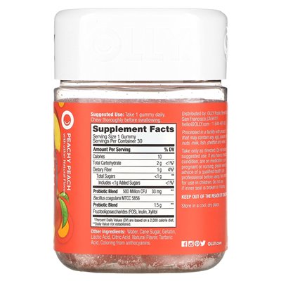 Olly, probiotyk + prebiotyk, brzoskwinia brzoskwiniowa, 30 gumzy Olly, probiotyk + prebiotyk, brzoskwinia brzoskwiniowa, 30 gumzy