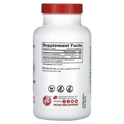 Metabolic Nutrition, Vitamin D3 + K2, Formel für maximale Stärke, 90 Kapseln