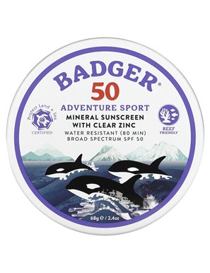 Badger Company, Adventure Sport, Mineral Sunscreen with Clear Zinc, SPF 50, Unscented, 2.4 oz (68 g) Badger Company, Adventure Sport, Mineral Sunscreen with Clear Zinc, SPF 50, Unscented, 2.4 oz (68 g)