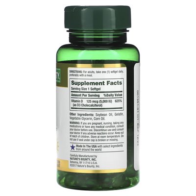Nature's Bounty, D3, 125 MCG (5000 IE), 150 Softgel-Kapseln