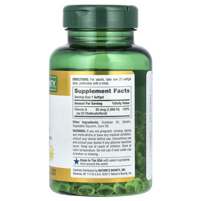 Nature's Bounty, D3, 25 McG (1000 IU), 350 Soft Release Softgels