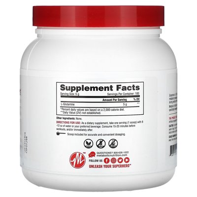 Metaboliczne odżywianie, L-glutamina, niezmożone, 17,64 uncji (500 g) Metaboliczne odżywianie, L-glutamina, niezmożone, 17,64 uncji (500 g)
