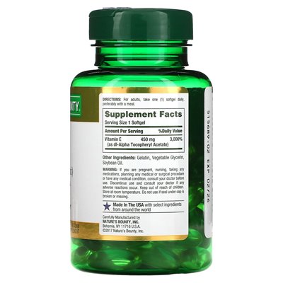 Nature's Bounty, witamina E, Pure DL-Alpha, 450 mg (1000 IU), 60 miękkich zwolnień