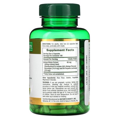 Nature's Bounty, Ginkgo Biloba, 60 mg, 200 kapsułek (30 mg na kapsułkę)